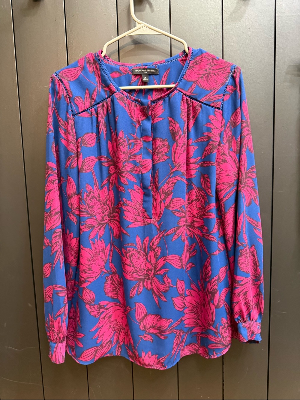 Banana Republic Blue with Hot Pink Floral Long-Sleeve Blouse